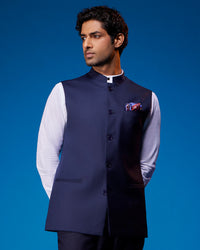The Valoria Blended Wool Nehru Jacket - Navy