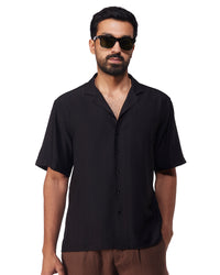 Black Half-Sleeve Self-Striped Dobby Shirt