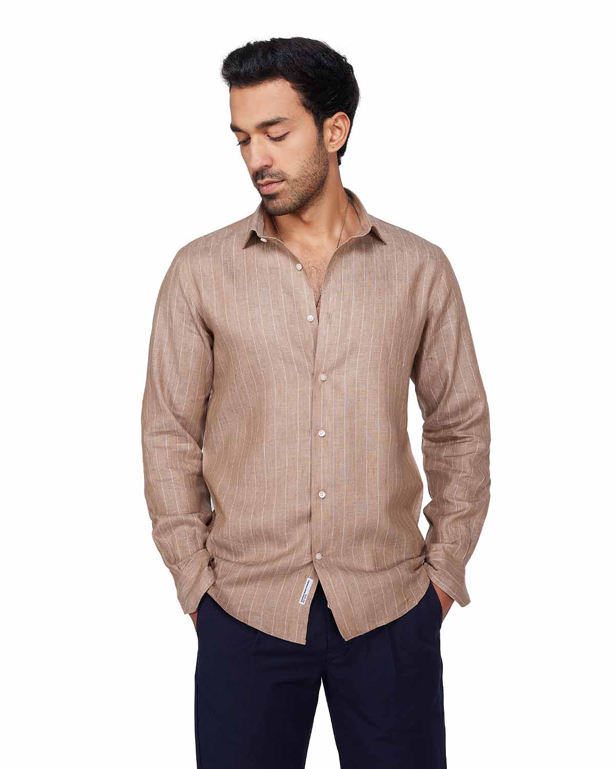 100% Linen Striped Shirt - Brown & White