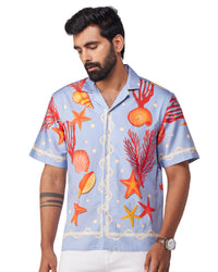 Blue Half-Sleeve Seashell Printed Shirt