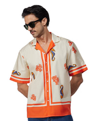 Ecru & Orange Half-Sleeve Seahorse Printed Shirt