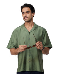 Green Half-Sleeve Self-Striped Dobby Shirt