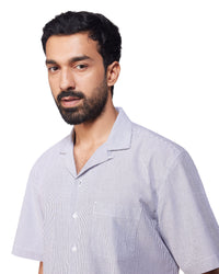 Grey Half-Sleeve Seersucker Striped Shirt