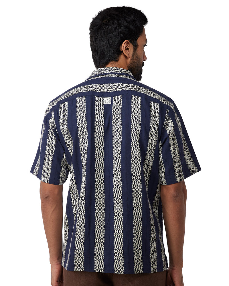 Navy & Ecru Half-Sleeve Dobby Striped Shirt