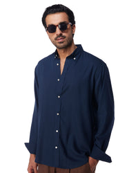 Navy Blended Linen Soft Washed Shirt