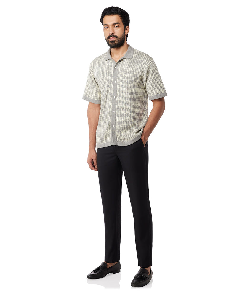 Grey Half-Sleeve Flat Knit Houndstooth Shirt