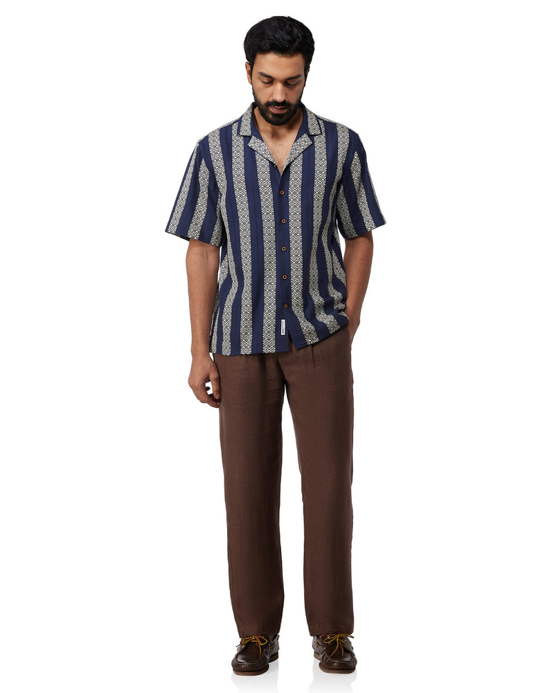 Navy & Ecru Half-Sleeve Dobby Striped Shirt