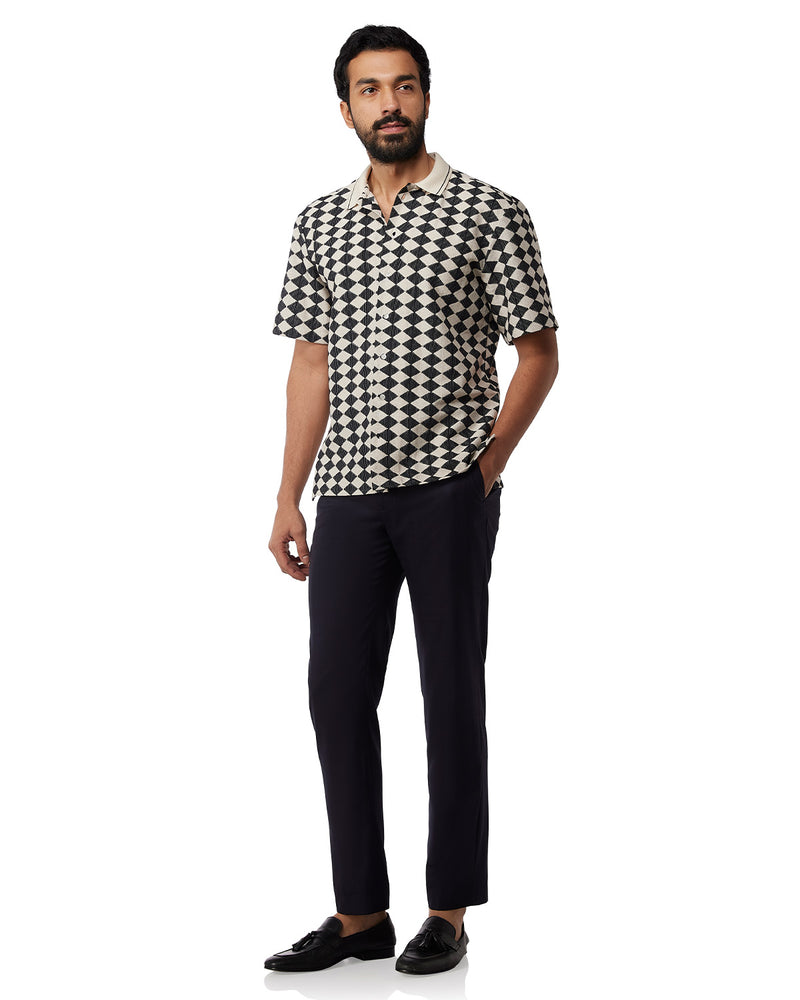 Black & Ecru Half-Sleeve Diamond Crochet Shirt