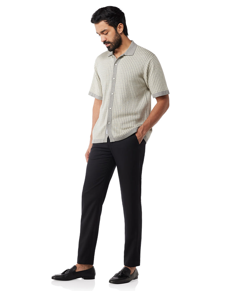 Grey Half-Sleeve Flat Knit Houndstooth Shirt