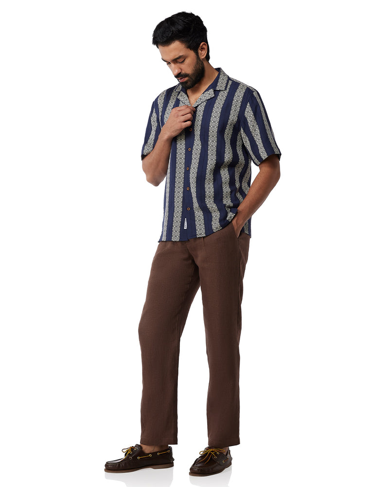 Navy & Ecru Half-Sleeve Dobby Striped Shirt