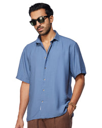 Blue Half-Sleeve Dobby Shirt