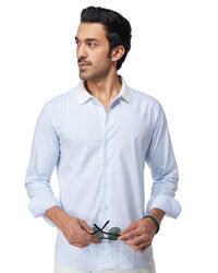 Blue & White Knit Collar Striped Shirt