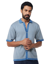 Blue Half-Sleeve Flat Knit Houndstooth Shirt