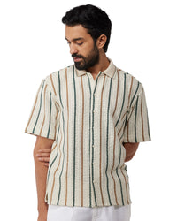 Beige & Green Half-Sleeve Crochet Striped Shirt