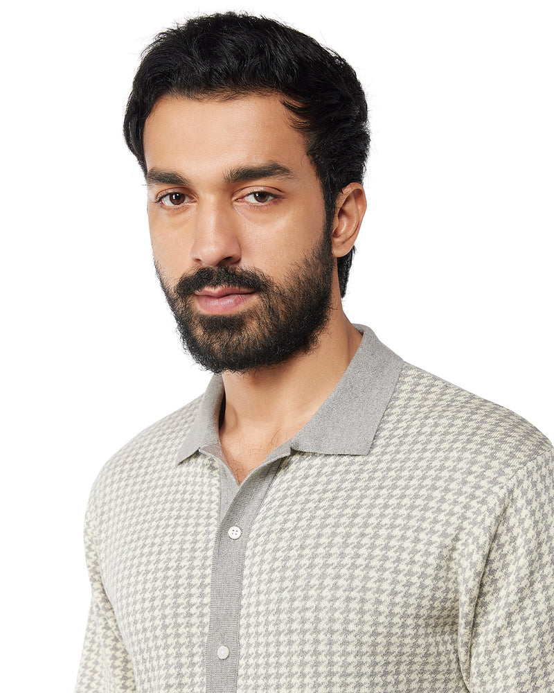 Grey Half-Sleeve Flat Knit Houndstooth Shirt