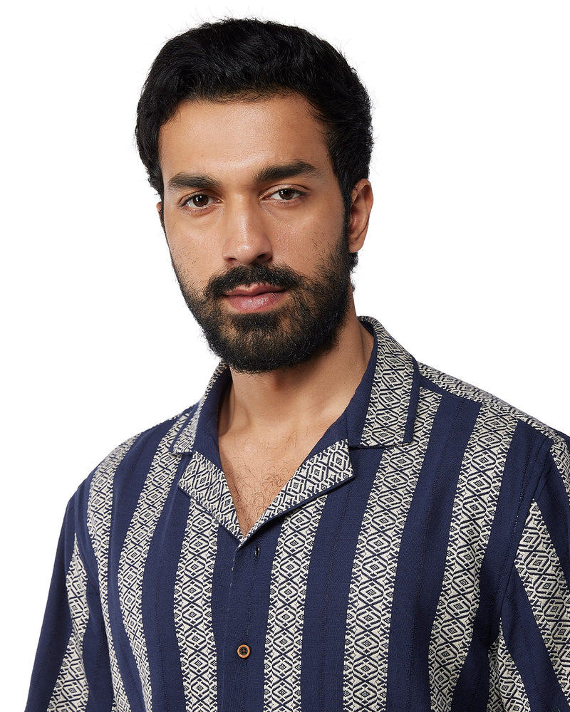 Navy & Ecru Half-Sleeve Dobby Striped Shirt