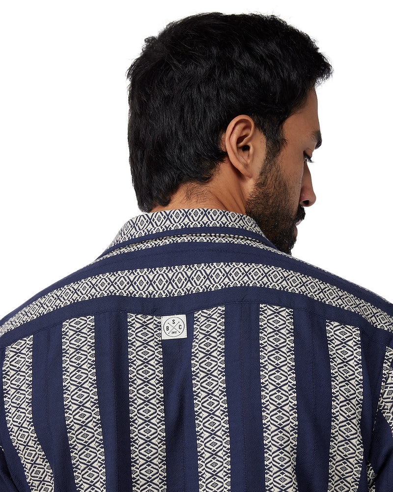 Navy & Ecru Half-Sleeve Dobby Striped Shirt