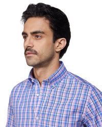 Easy-Care Cotton Checked Shirt - Navy & Pink