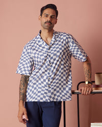 Blue & White Half-Sleeve Wavy Checked Shirt