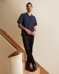 Navy Blue Seersucker Striped Shirt