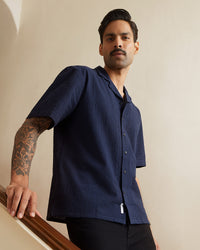 Navy Blue Seersucker Striped Shirt