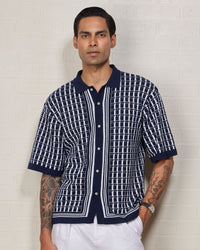 Navy Checked Flat Knit Shirt