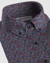 Stretch Floral Printed Shirt - Navy & Orange