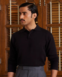 Signature Flat Knit Long Sleeve Polo T-shirt - Black