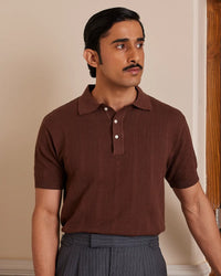 Signature Flat Knit Jacquard Button Polo - Brown