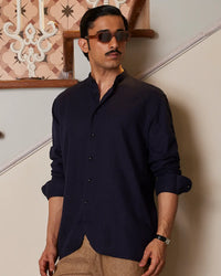 Navy Cotton Linen Bandhgala Shirt