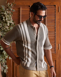 Khaki & Ecru Striped Flat Knit Shirt