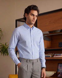 Giza Cotton Mid Blue & White Twill Checked Shirt