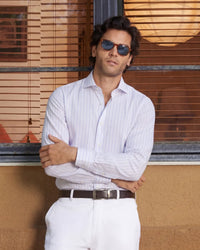 Giza Cotton Light Blue & Pink Twill Striped Shirt