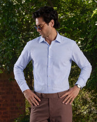 Giza Cotton White & Blue Twill Striped Shirt