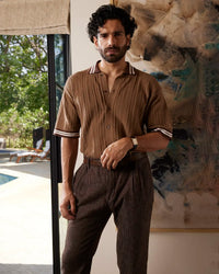 Brown Jacquard Flat Knit Half-Sleeve Shirt