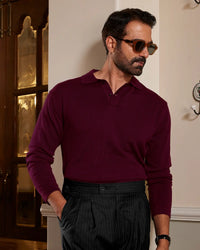 Signature Flat Knit Long Sleeve Polo T-shirt - Maroon