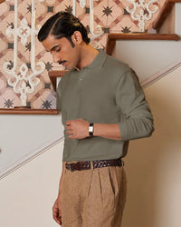 Signature Flat Knit Long Sleeve Polo T-shirt - Khaki