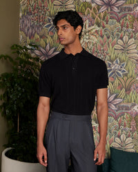 Signature Flat Knit Jacquard Button Polo - Black