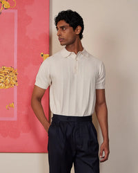 Signature Flat Knit Jacquard Button Polo - Ecru