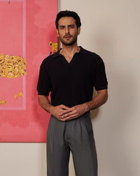 Signature Flat Knit Jacquard Johnny Polo - Jet Black