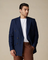 The Firenze 100% Linen Double-Breasted Suit Blazer - Navy