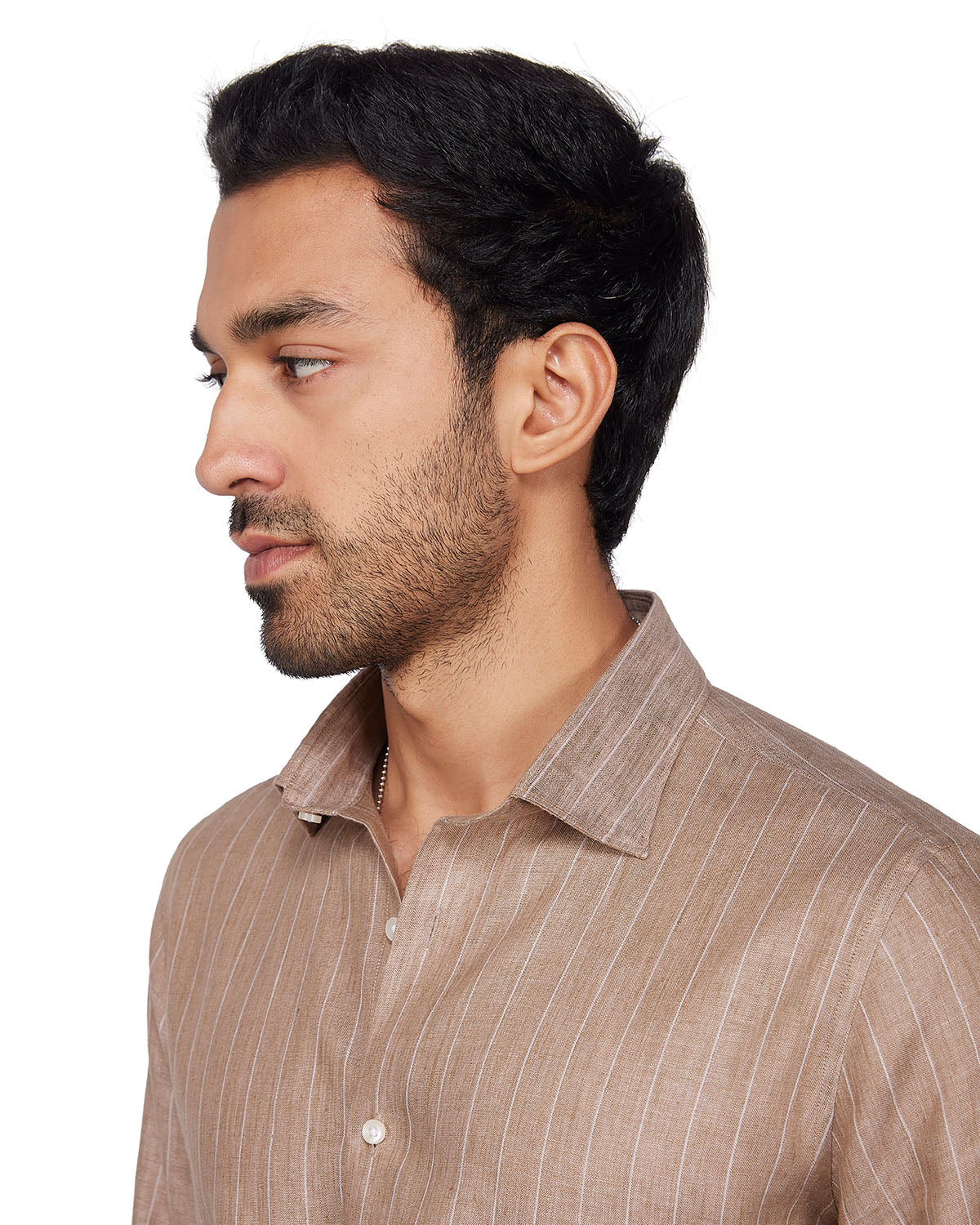 100% Linen Striped Shirt - Brown & White