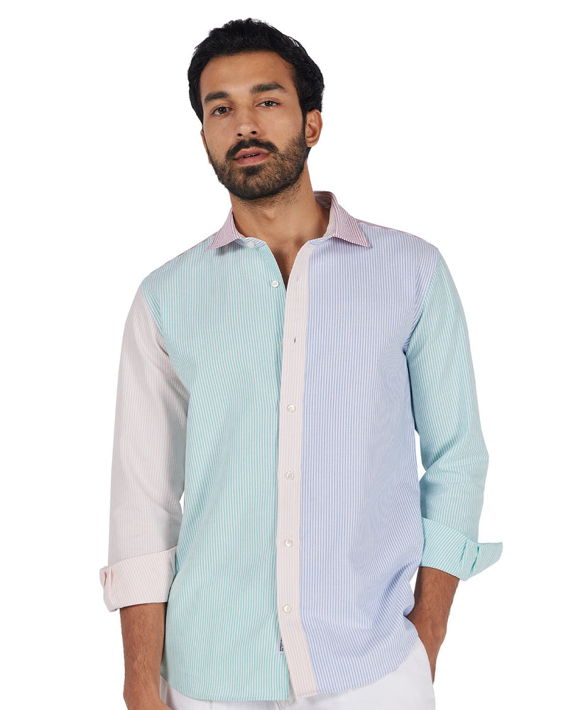 Green Oxford Striped Patchwork Shirt