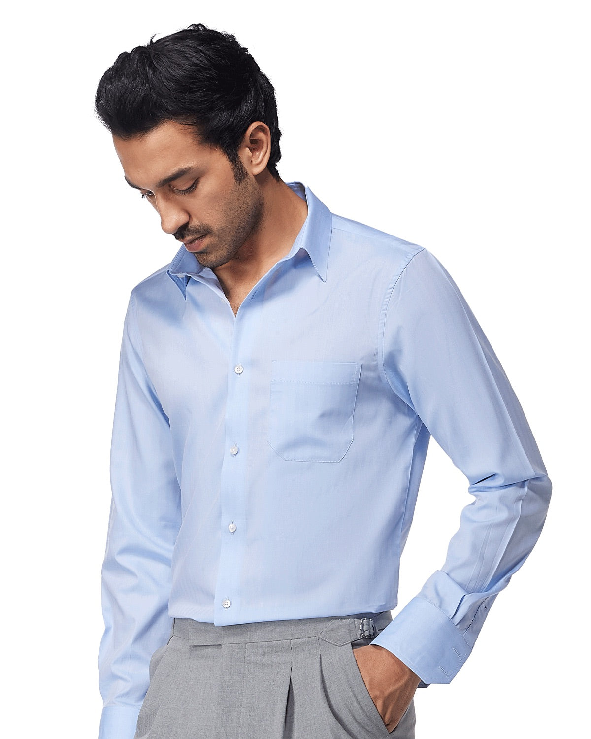 Cotton Herringbone Shirt - Light Blue