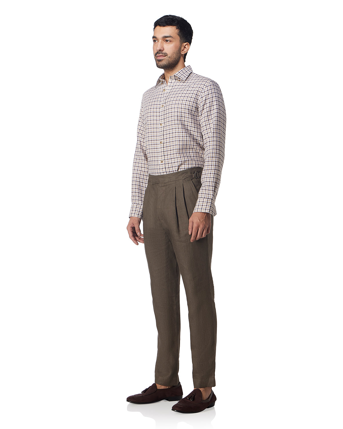 100% Linen Checked Shirt - Brown & Beige