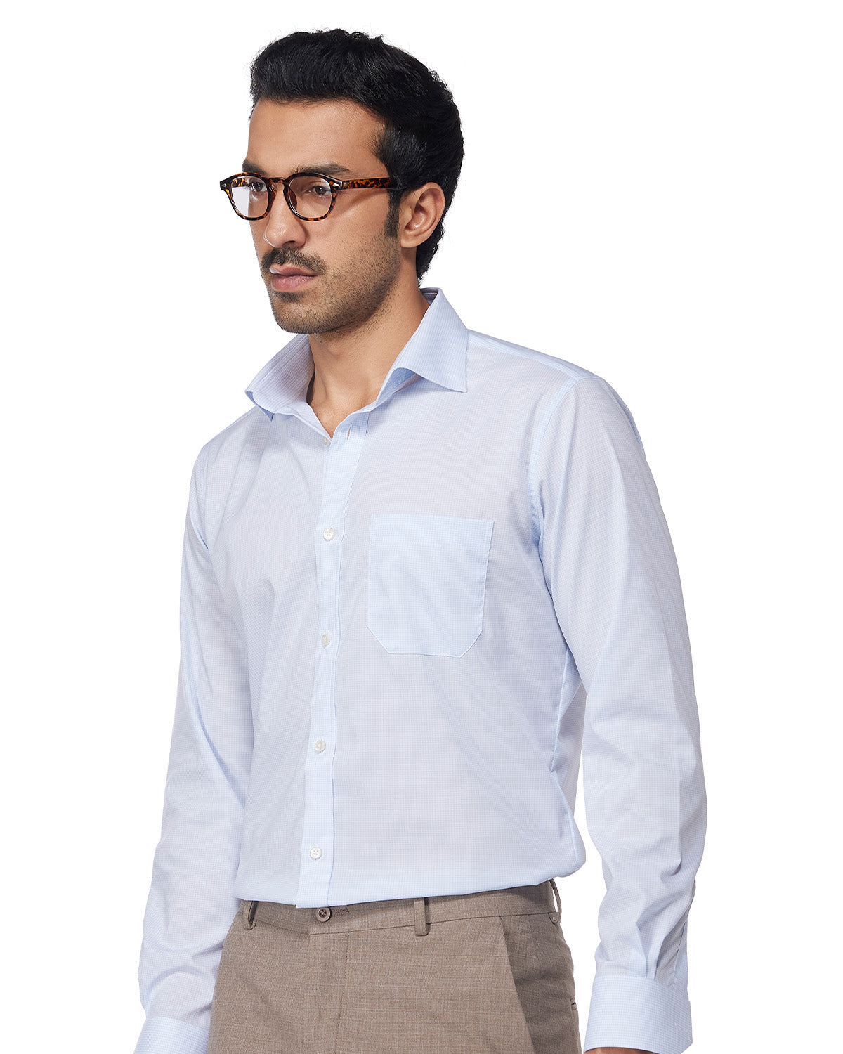 Stretch Micro-Checked Shirt - Pale Blue