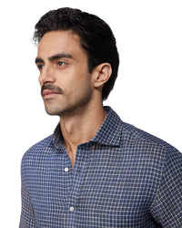 100% Linen Checked Shirt - Navy