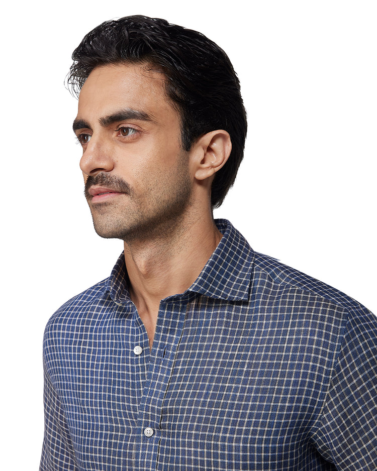 100% Linen Checked Shirt - Navy