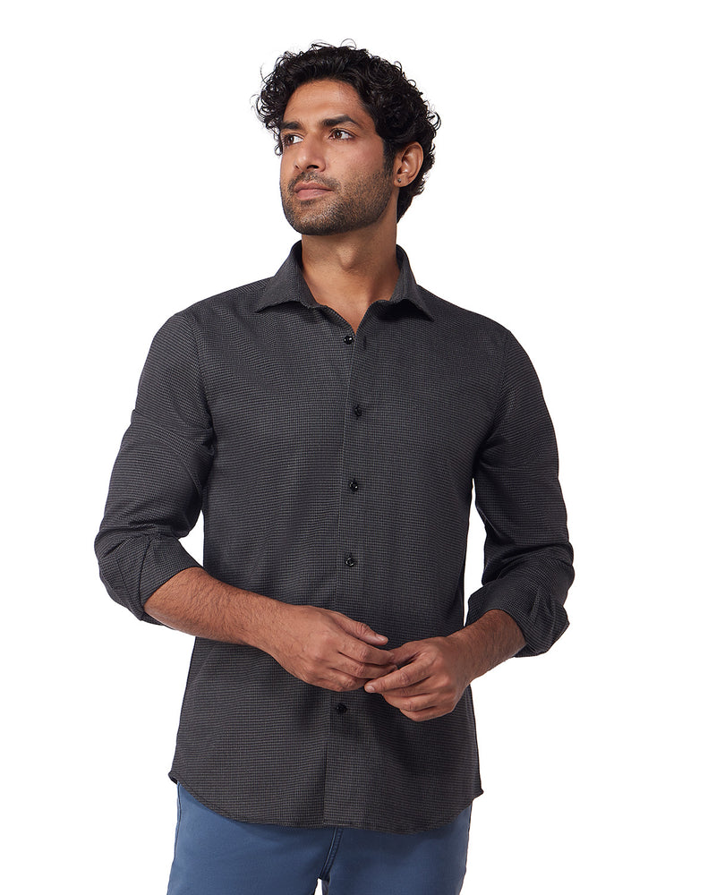 Japanese Blended Wool Stretch Houndstooth Shirt - Dark Grey
