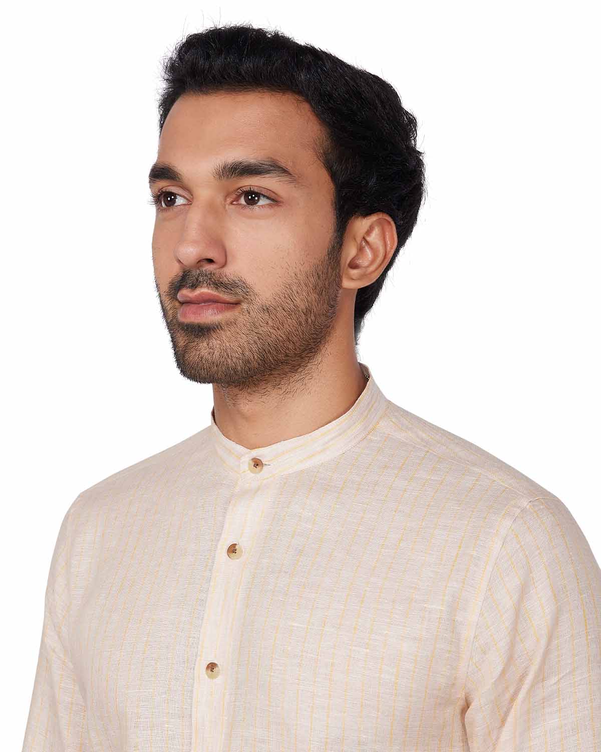 100% Linen Striped Shirt - Beige & Yellow